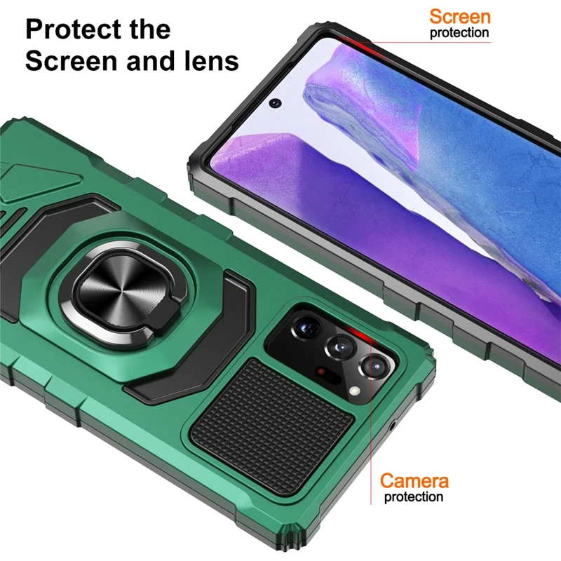 Bulk Purchasing For Samsung Galaxy Note20 5G / Note20 Cover PC+TPU Anti-Drop Ring Kickstand Phone Case - Midnight Green