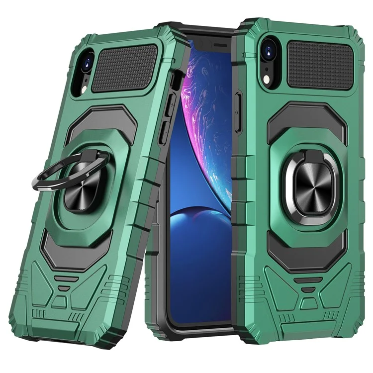Acquisto all'ingrosso per iPhone XR 6.1 pollici Custodia PC+TPU Anti-shock Ring Kickstand Custodia per cellulare - Verde Mezzanotte