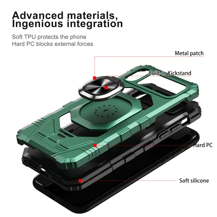 Acquisto all'ingrosso per iPhone XR 6.1 pollici Custodia PC+TPU Anti-shock Ring Kickstand Custodia per cellulare - Verde Mezzanotte