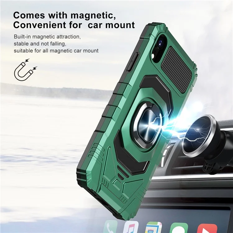 Acquisto all'ingrosso per iPhone XR 6.1 pollici Custodia PC+TPU Anti-shock Ring Kickstand Custodia per cellulare - Verde Mezzanotte