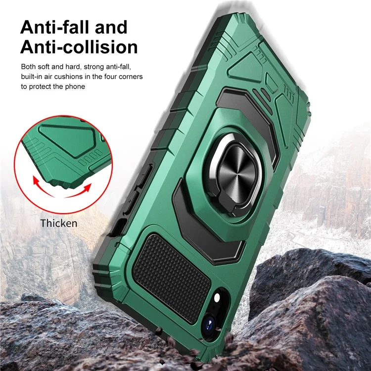 Acquisto all'ingrosso per iPhone XR 6.1 pollici Custodia PC+TPU Anti-shock Ring Kickstand Custodia per cellulare - Verde Mezzanotte