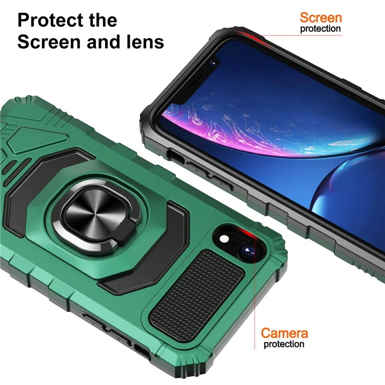 Acquisto all'ingrosso per iPhone XR 6.1 pollici Custodia PC+TPU Anti-shock Ring Kickstand Custodia per cellulare - Verde Mezzanotte