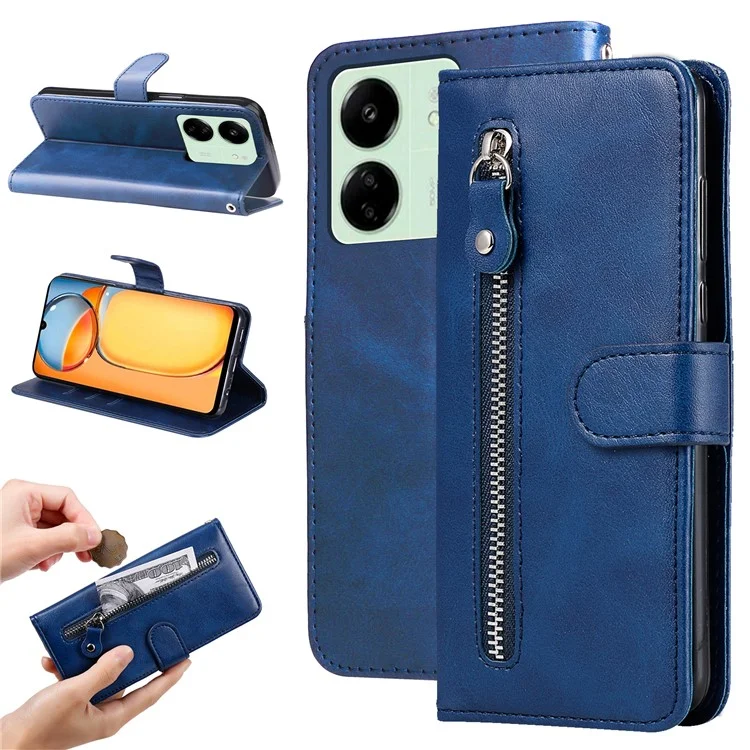 Für Xiaomi Redmi 13C 4G / 5G / 13R 5G / Poco M6 5G / Poco C65 4G Hülle Kalbslederoptik Leder Flip Cover Reißverschlusstasche Wallet Handyhülle - Blau