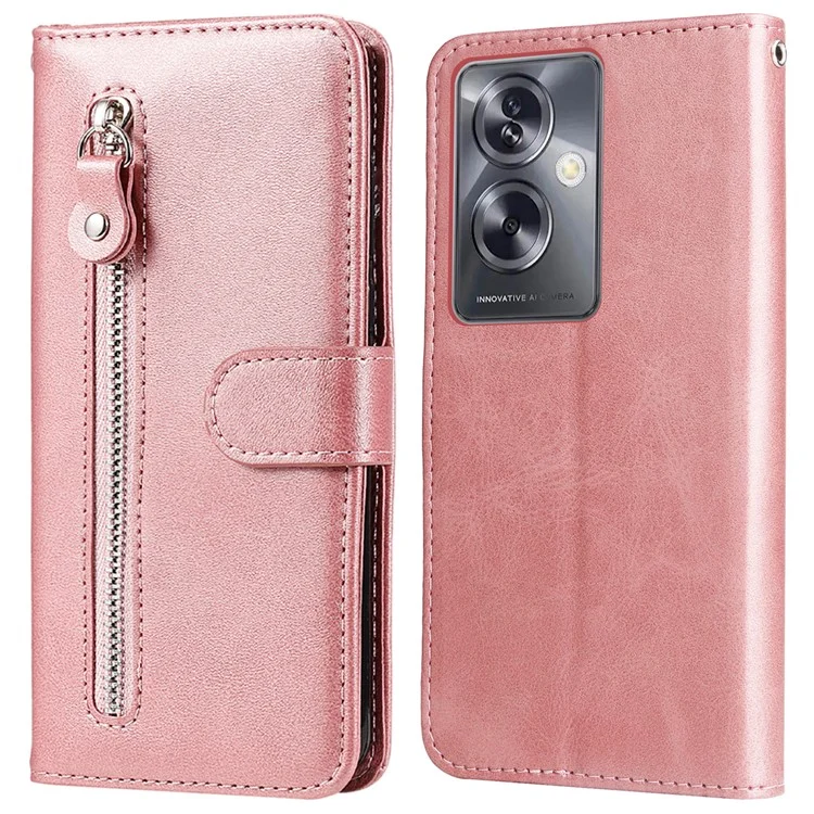 For Oppo A79 5G / A2 5G Case Calf Texture Leather Flip Cover Shockproof Phone Case with Zipper Pocket - Pink