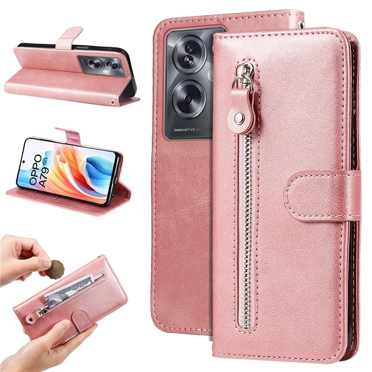 For Oppo A79 5G / A2 5G Case Calf Texture Leather Flip Cover Shockproof Phone Case with Zipper Pocket - Pink