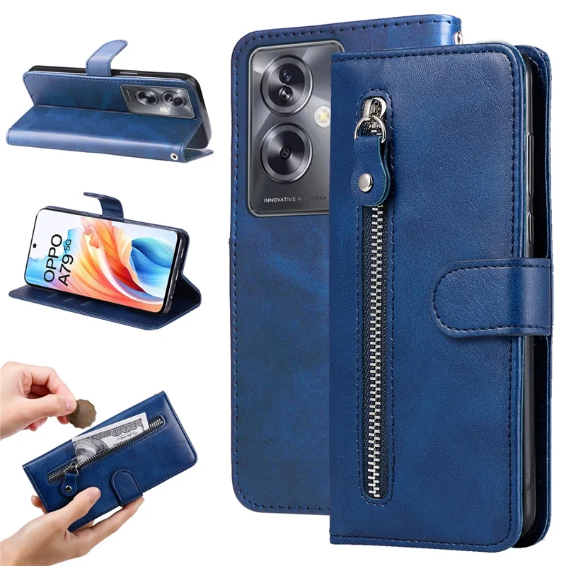 For Oppo A79 5G / A2 5G Case Calf Texture Leather Flip Cover Shockproof Phone Case with Zipper Pocket - Blue