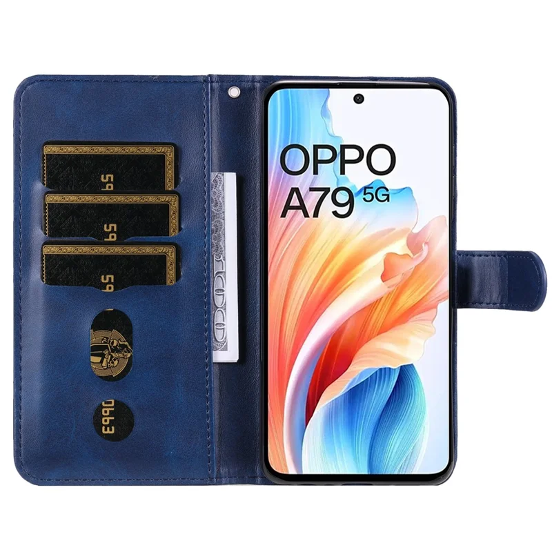 For Oppo A79 5G / A2 5G Case Calf Texture Leather Flip Cover Shockproof Phone Case with Zipper Pocket - Blue