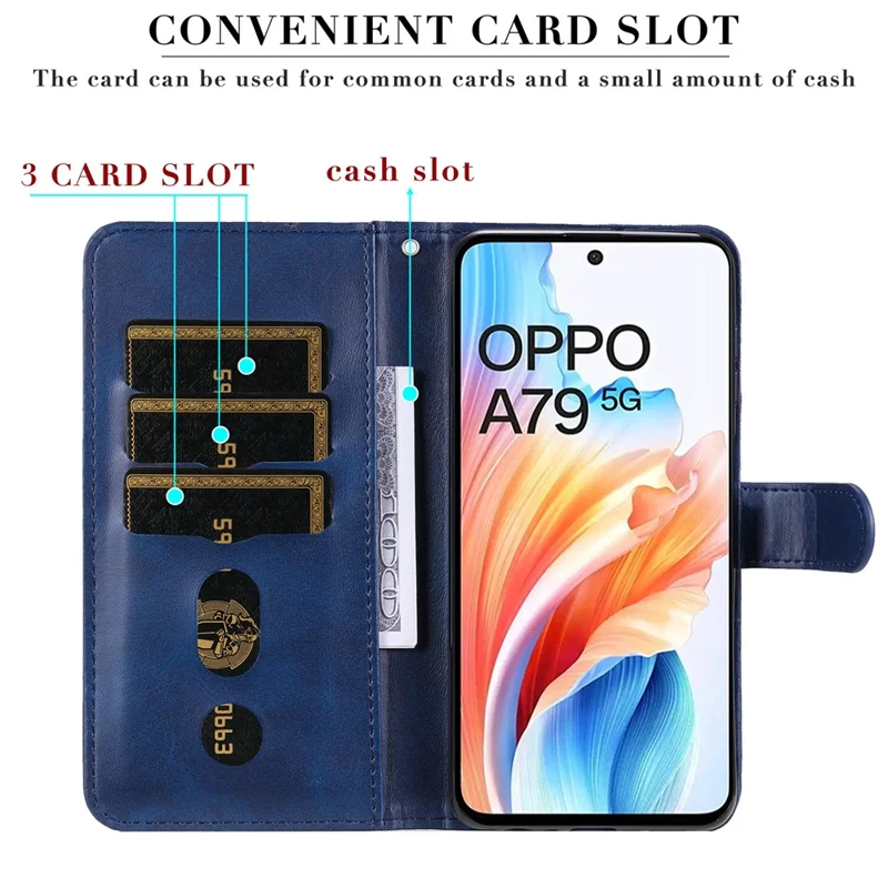 For Oppo A79 5G / A2 5G Case Calf Texture Leather Flip Cover Shockproof Phone Case with Zipper Pocket - Blue