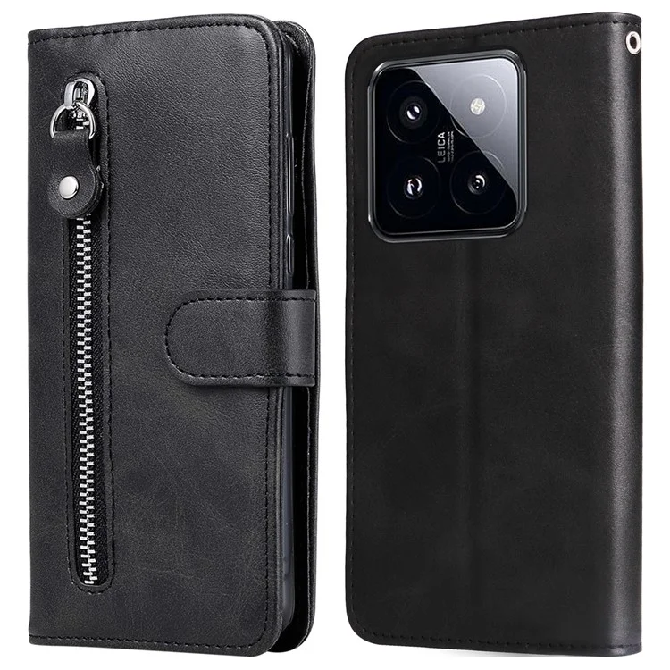 Calf Texture Leather Flip Cover for Xiaomi 14 Pro Case Zipper Pocket Anti-Drop Wallet Phone Case - Black