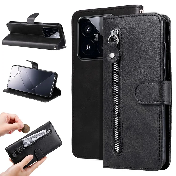 Calf Texture Leather Flip Cover for Xiaomi 14 Pro Case Zipper Pocket Anti-Drop Wallet Phone Case - Black