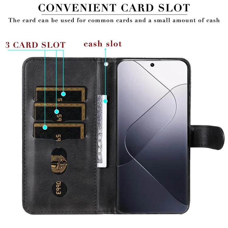Calf Texture Leather Flip Cover for Xiaomi 14 Pro Case Zipper Pocket Anti-Drop Wallet Phone Case - Black