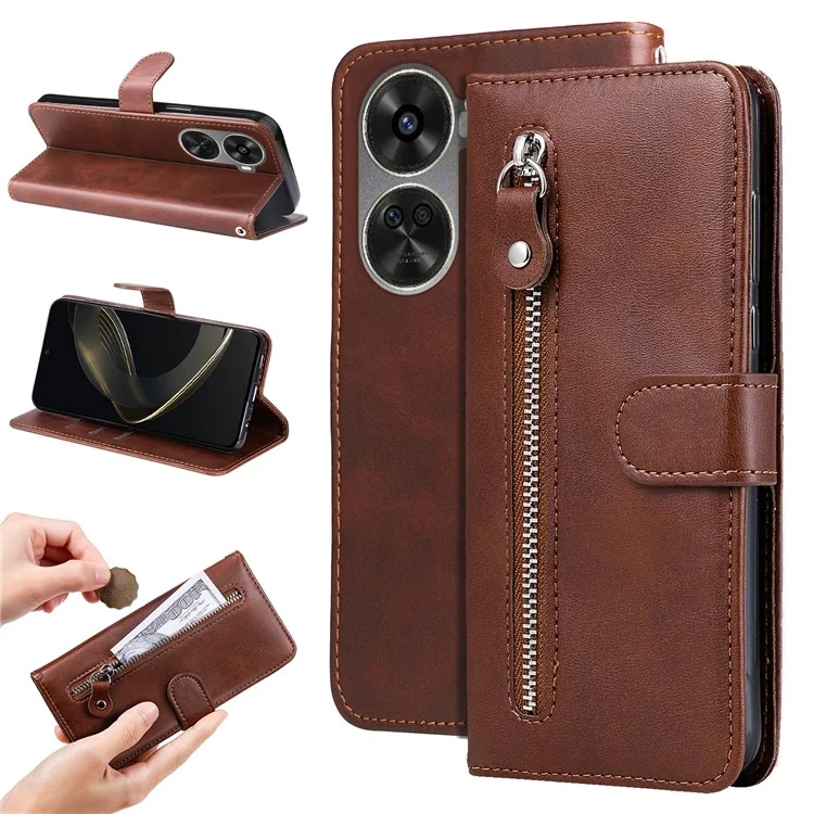 Für Huawei nova 11 SE / nova 12 SE 4G Leder Handy-Hülle Reißverschlusstasche Flip Brieftasche Cover - Braun