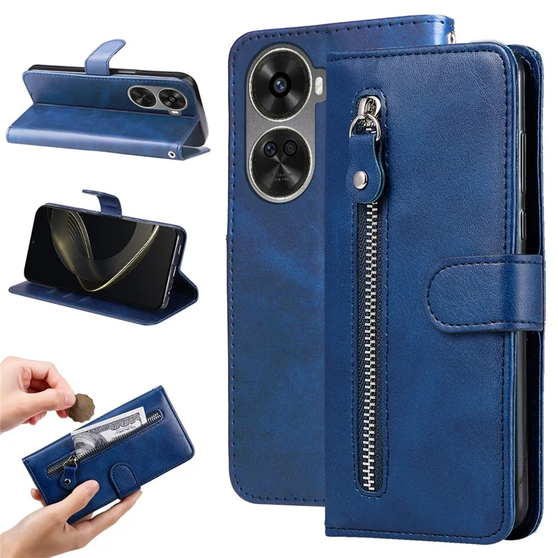 For Huawei nova 11 SE / nova 12 SE 4G Leather Cell Phone Case Zipper Pocket Flip Wallet Cover - Blue