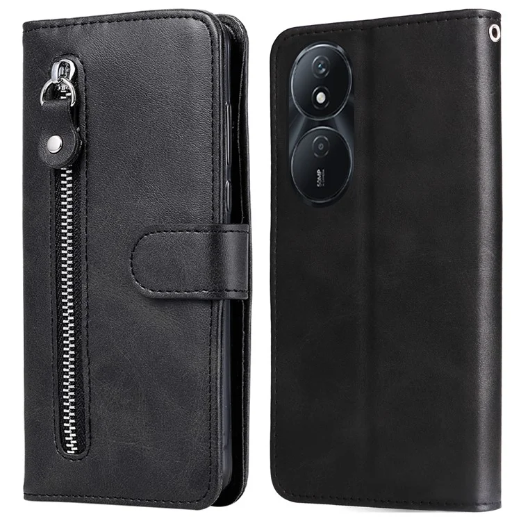 Funda para For Honor Play 50 Plus 5G Textura de Becerro Funda Flip de Cuero Antirayazos Funda de Teléfono con Bolsillo Monedero con Cremallera - Negro