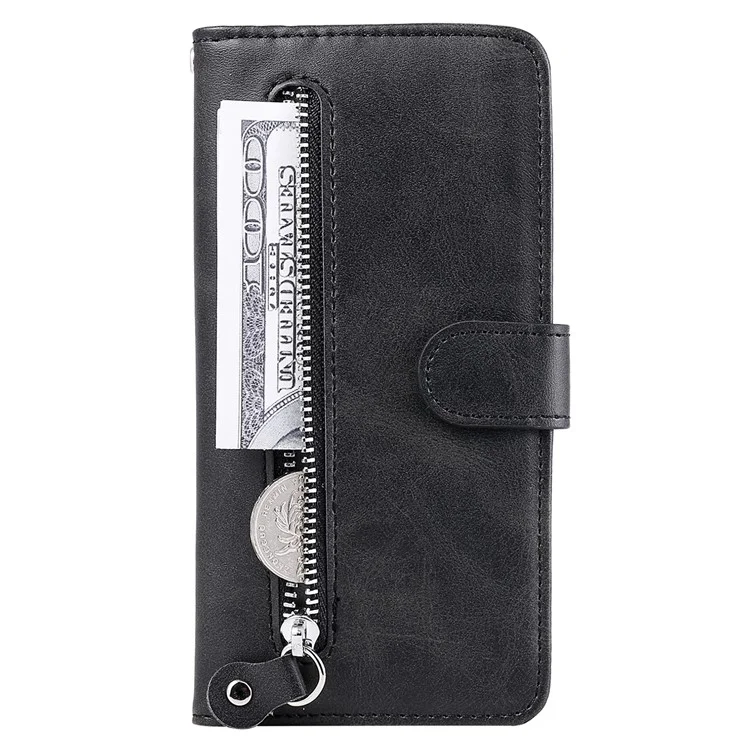 Funda para For Honor Play 50 Plus 5G Textura de Becerro Funda Flip de Cuero Antirayazos Funda de Teléfono con Bolsillo Monedero con Cremallera - Negro