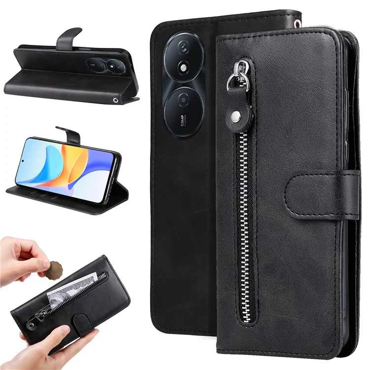 Funda para For Honor Play 50 Plus 5G Textura de Becerro Funda Flip de Cuero Antirayazos Funda de Teléfono con Bolsillo Monedero con Cremallera - Negro