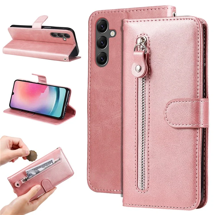 Для Samsung Galaxy A25 5G (Глобальная версия) (161.0 x 76.5 x 8.3 мм) Folio Wallet Case Zipper Pocket PU Leather Phone Cover - Розовый