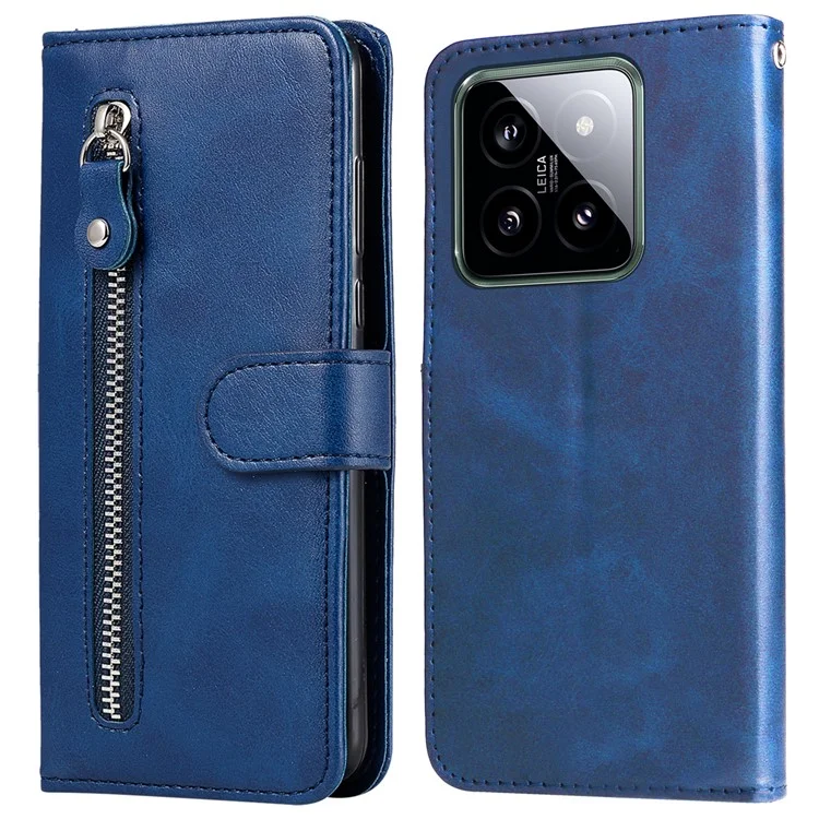 For Xiaomi 14 Wallet Phone Case Calf Texture Shockproof Leather Flip Cover with Zipper Pocket - Blue