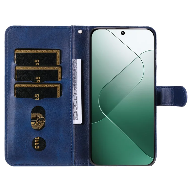 For Xiaomi 14 Wallet Phone Case Calf Texture Shockproof Leather Flip Cover with Zipper Pocket - Blue