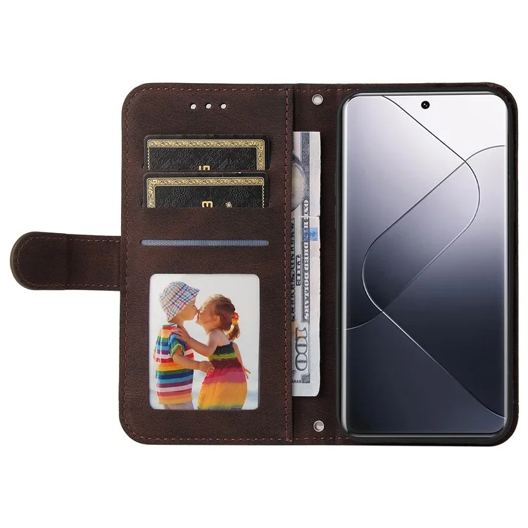 For Xiaomi 14 Pro Leather Wallet Cases Skin Touch Phone Cover Stand with Strap - Brown