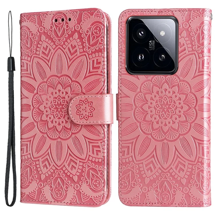 Pour Xiaomi 14 Pro Case Étui en Cuir PU Debout Portefeuille Motif Tournesol Housse de Téléphone - Rose