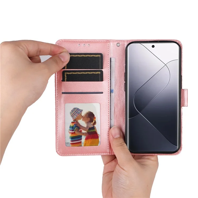 Pour Xiaomi 14 Pro Case Étui en Cuir PU Debout Portefeuille Motif Tournesol Housse de Téléphone - Rose