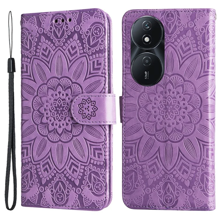 Capa de Couro com Estampa de Girassol Para Honor Play 50 Plus 5G - Roxo 