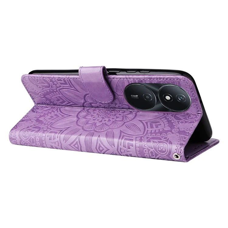 Capa de Couro com Estampa de Girassol Para Honor Play 50 Plus 5G - Roxo 