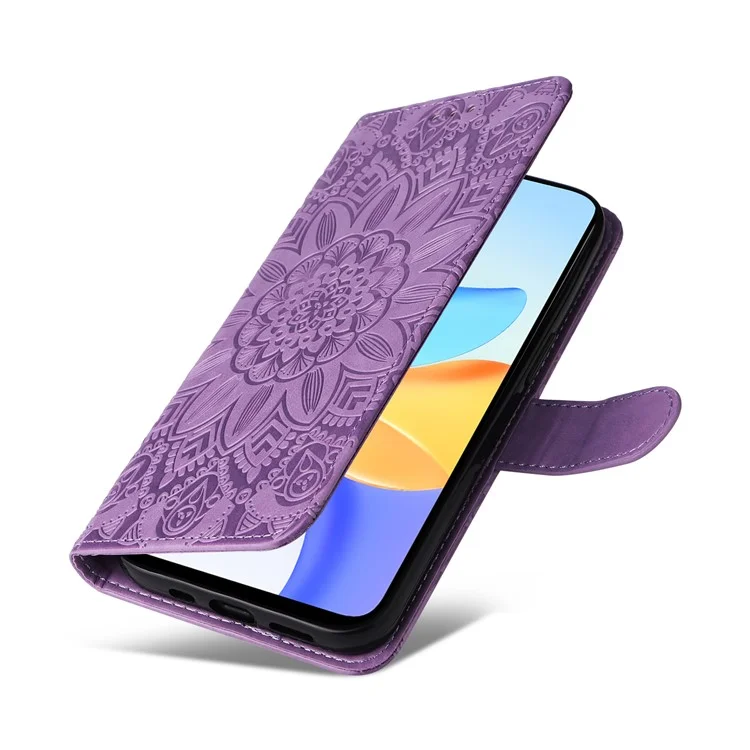 Capa de Couro com Estampa de Girassol Para Honor Play 50 Plus 5G - Roxo 