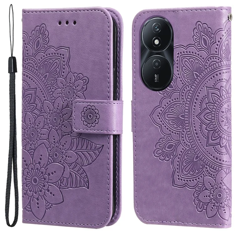 Funda protectora de cartera para Honor Play 50 Plus 5G - Funda de teléfono de cuero sintético con estampado de flores - Púrpura