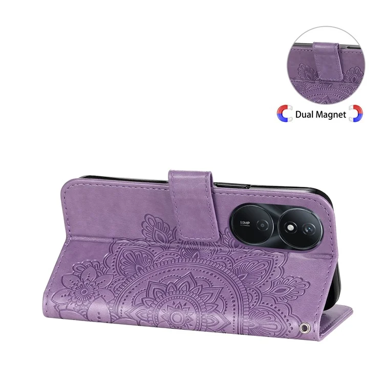 Funda protectora de cartera para Honor Play 50 Plus 5G - Funda de teléfono de cuero sintético con estampado de flores - Púrpura
