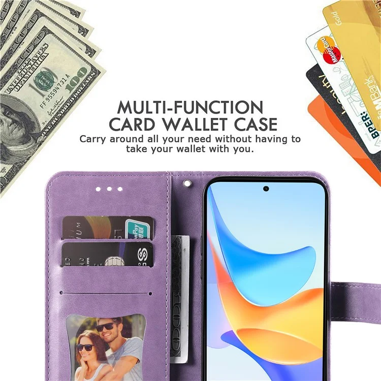 Funda protectora de cartera para Honor Play 50 Plus 5G - Funda de teléfono de cuero sintético con estampado de flores - Púrpura