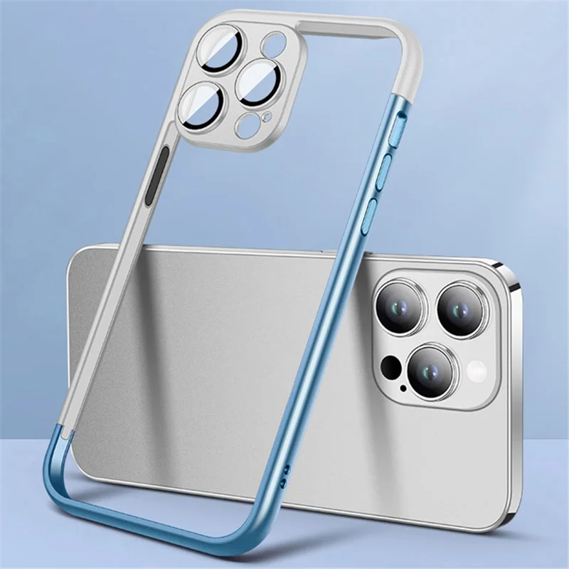 VOERO For iPhone 15 Pro Bumper Case Hard PC Slim Phone Cover with PC Lens Film - White / Blue