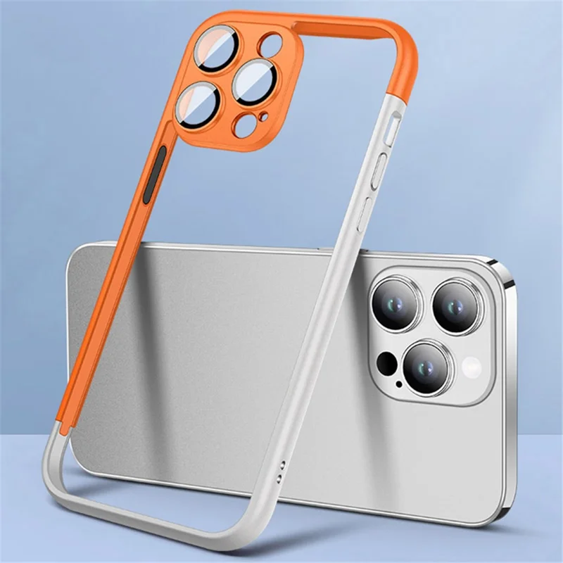VOERO For iPhone 15 Pro Max Case Hard PC Phone Bumper Frame Slim Cover with PC Lens Film - Orange / White