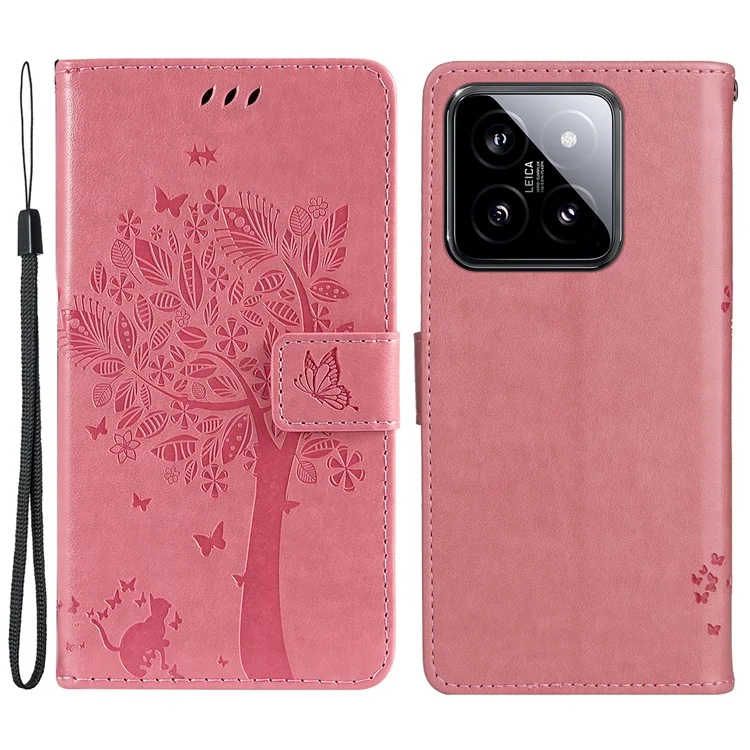 For Xiaomi 14 Phone Case with Stand Cat Tree Pattern Leather Wallet Mobile Cover  - Pink