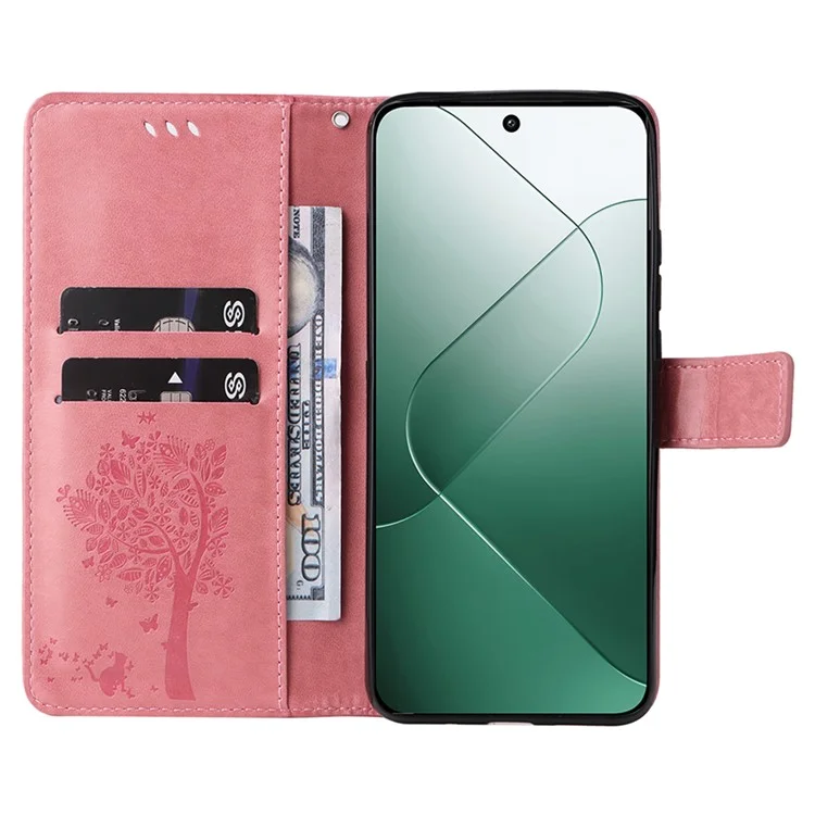 For Xiaomi 14 Phone Case with Stand Cat Tree Pattern Leather Wallet Mobile Cover  - Pink