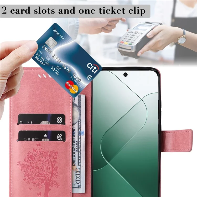 For Xiaomi 14 Phone Case with Stand Cat Tree Pattern Leather Wallet Mobile Cover  - Pink