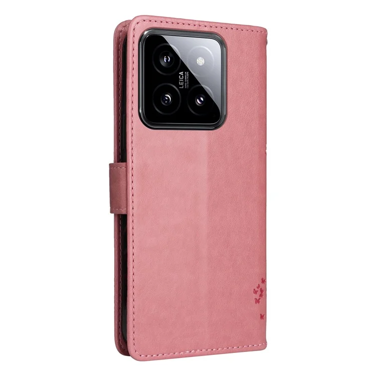 For Xiaomi 14 Phone Case with Stand Cat Tree Pattern Leather Wallet Mobile Cover  - Pink