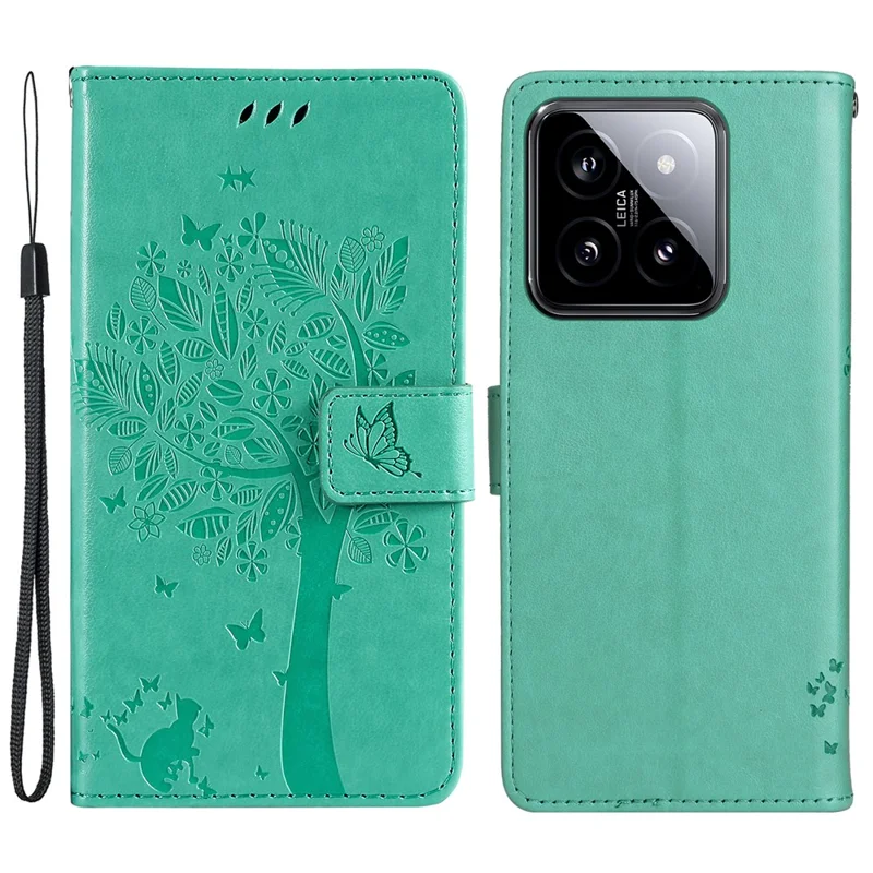 Étui pour Xiaomi 14 avec support, motif chat et arbre, housse portefeuille en cuir - Vert