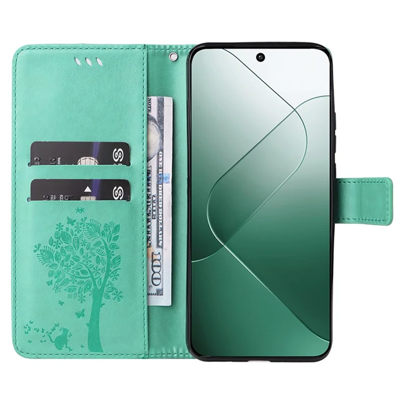 Étui pour Xiaomi 14 avec support, motif chat et arbre, housse portefeuille en cuir - Vert
