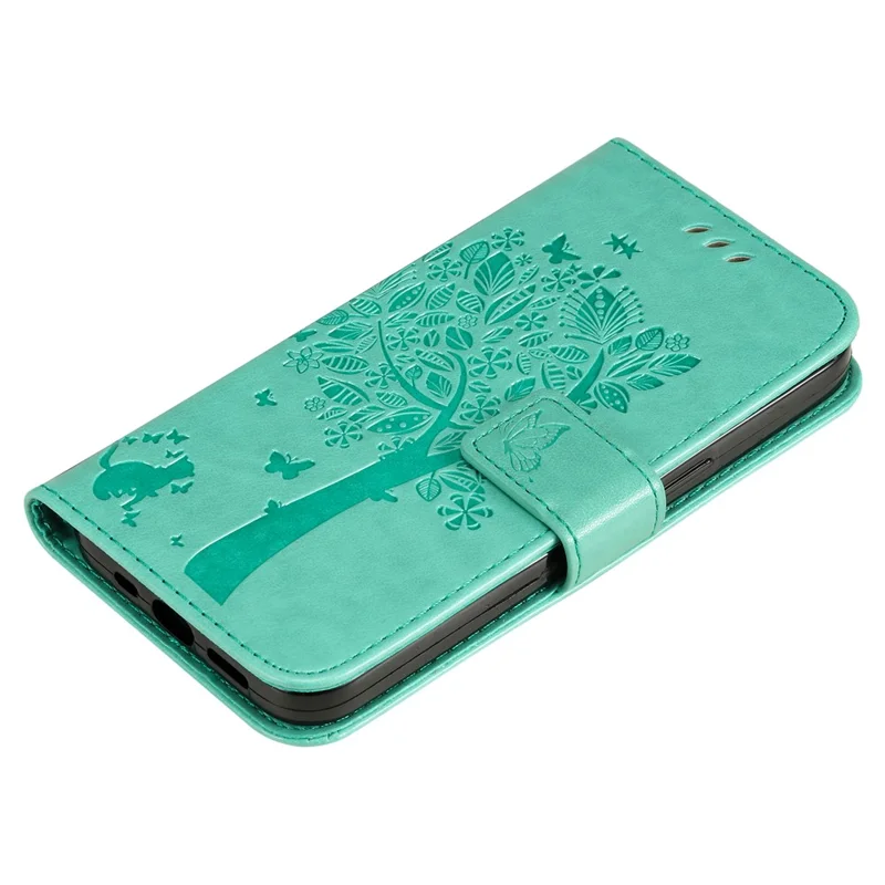 Étui pour Xiaomi 14 avec support, motif chat et arbre, housse portefeuille en cuir - Vert