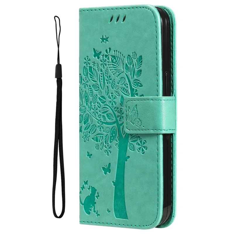 Étui pour Xiaomi 14 avec support, motif chat et arbre, housse portefeuille en cuir - Vert