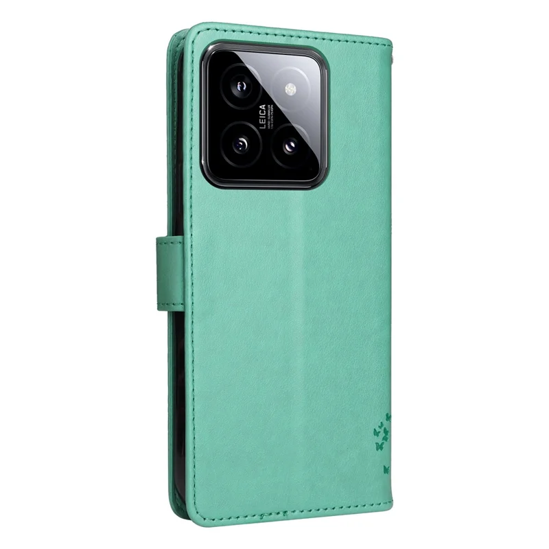 Étui pour Xiaomi 14 avec support, motif chat et arbre, housse portefeuille en cuir - Vert