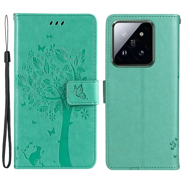 For Xiaomi 14 Pro Phone Case with Stand Cat Tree Pattern Leather Wallet Mobile Cover  - Green