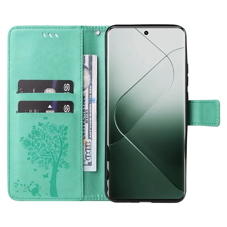 For Xiaomi 14 Pro Phone Case with Stand Cat Tree Pattern Leather Wallet Mobile Cover  - Green