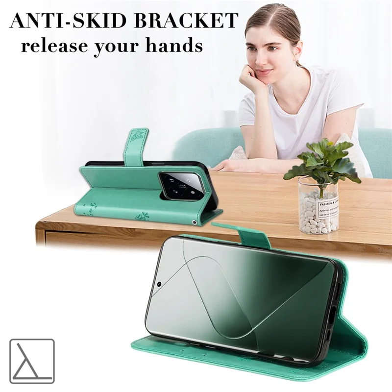 For Xiaomi 14 Pro Phone Case with Stand Cat Tree Pattern Leather Wallet Mobile Cover  - Green