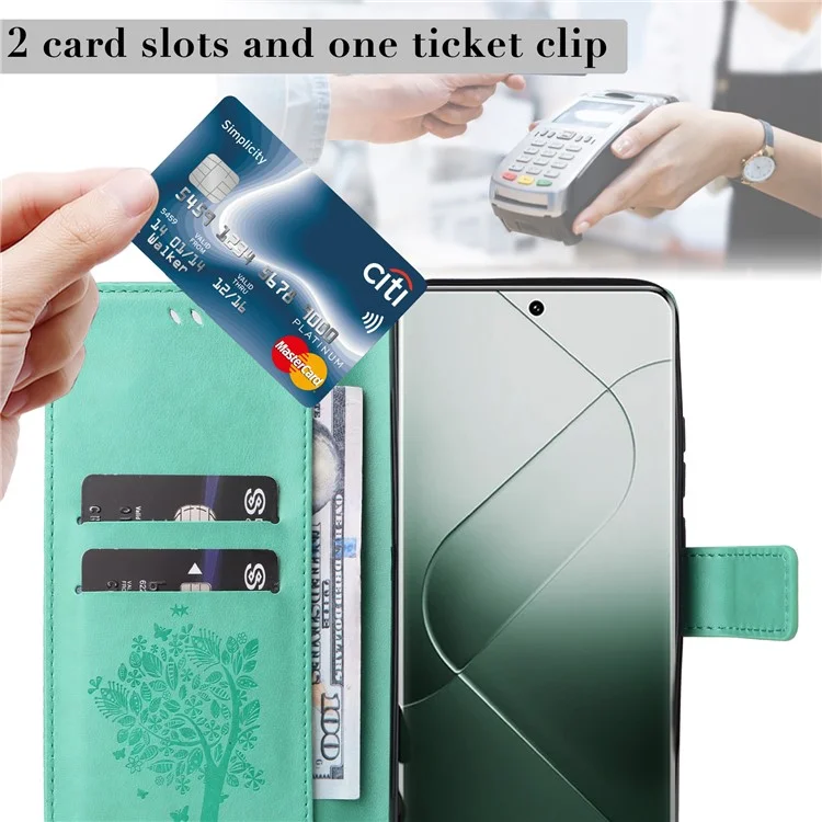 For Xiaomi 14 Pro Phone Case with Stand Cat Tree Pattern Leather Wallet Mobile Cover  - Green