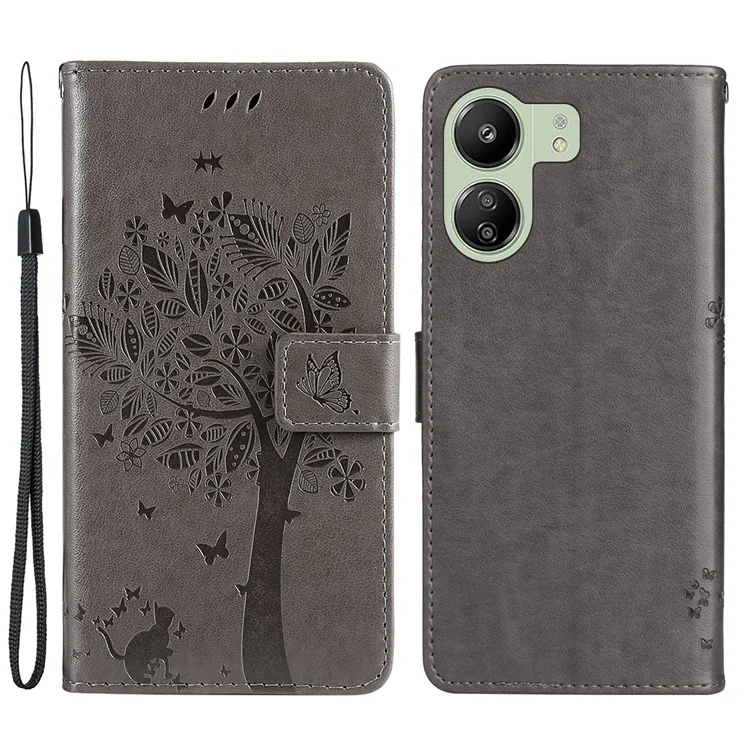 KT Imprinting Flower Series-3 para Xiaomi Redmi 13C 4G / 13C 5G / 13R 5G / Poco M6 5G / Poco C65 4G Capa de Telefone Carteira Impressa - Cinza