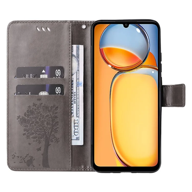 KT Imprinting Flower Series-3 para Xiaomi Redmi 13C 4G / 13C 5G / 13R 5G / Poco M6 5G / Poco C65 4G Capa de Telefone Carteira Impressa - Cinza