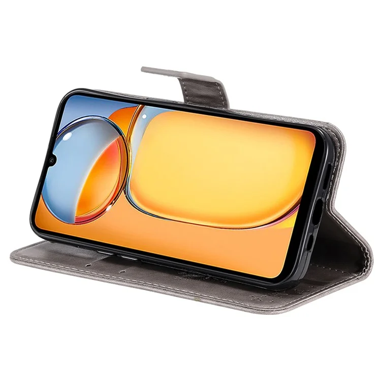 KT Imprinting Flower Series-3 para Xiaomi Redmi 13C 4G / 13C 5G / 13R 5G / Poco M6 5G / Poco C65 4G Capa de Telefone Carteira Impressa - Cinza